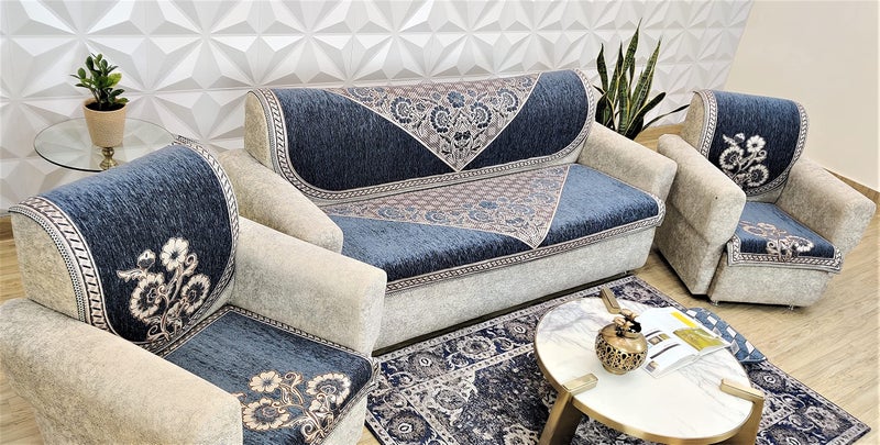 KREEVA Velvet Florida Floral 6 Piece 5 Seater Sofa slipcover and Chair Set- (3+1+1), Grey - Image 2