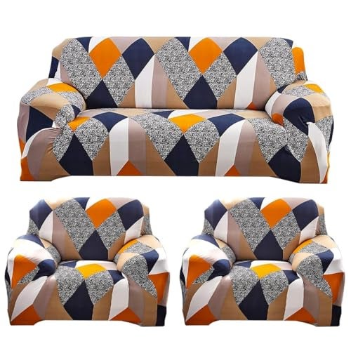 Furshine Sofa Cover 3 Seater and 2 Seater Fully Covered 5 Seater Cover Non-Slip Sticky Elastic Stretchable Sofa Set Imported Slipcover Protector Blend Geometric, Five Seater (3+1+1) - Image 1