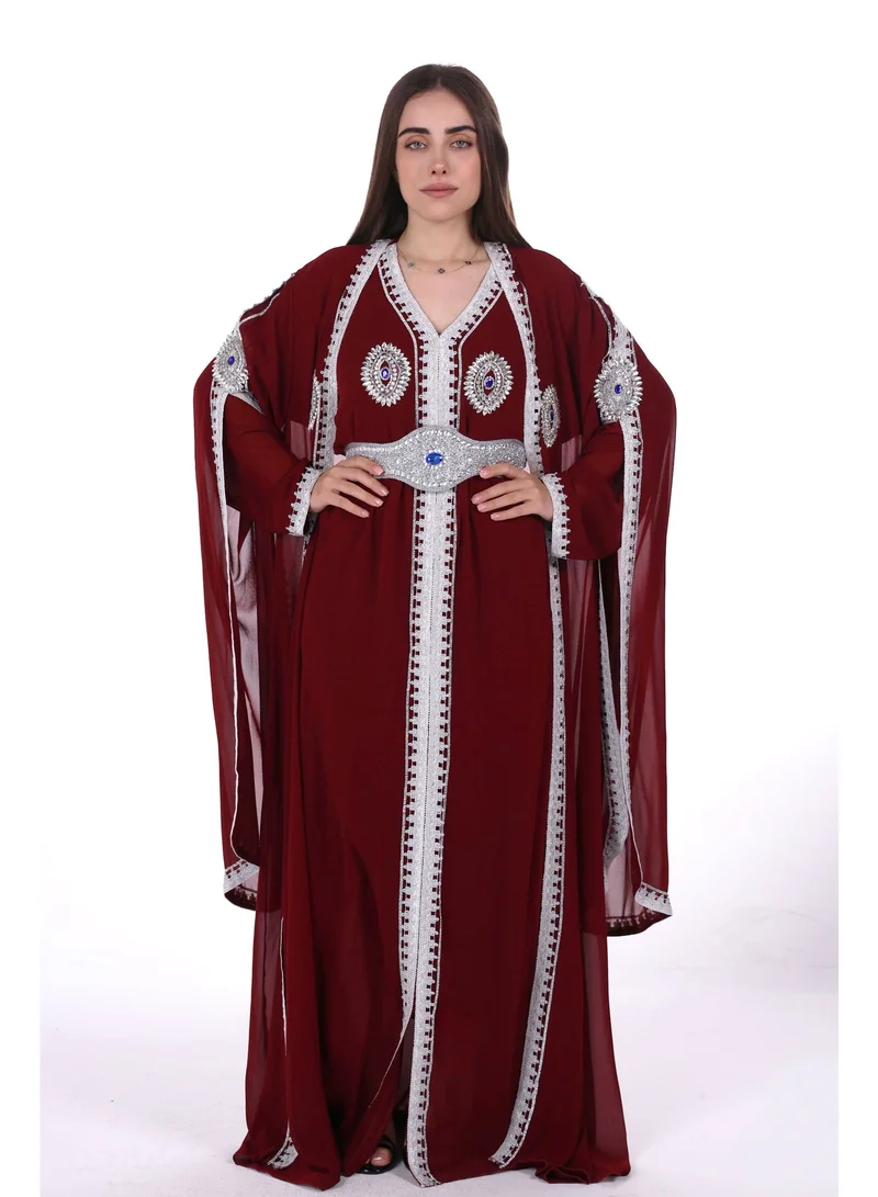 Al Bent Al Sharqieh burgundy belted elegant kaftan dress for Women | Best Price UAE