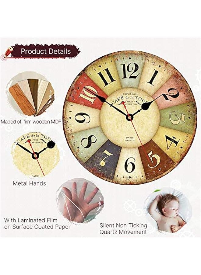 Generic Clocks Battery Operated Wooden Wall Clock Retro Rustic Clock Decorative 14 Inch Arabic Numerals Colorful Silent Non Ticking Wall Clocks for Kitchen,Living Room,Bathroom,Bedroom Home Decor  - Image 2