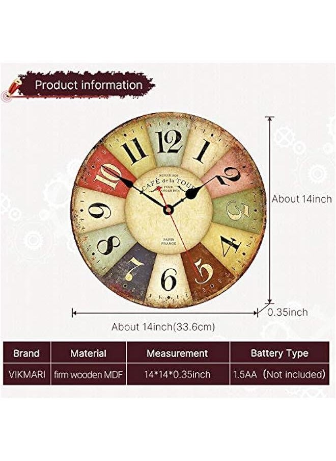 Generic Clocks Battery Operated Wooden Wall Clock Retro Rustic Clock Decorative 14 Inch Arabic Numerals Colorful Silent Non Ticking Wall Clocks for Kitchen,Living Room,Bathroom,Bedroom Home Decor  - Image 3