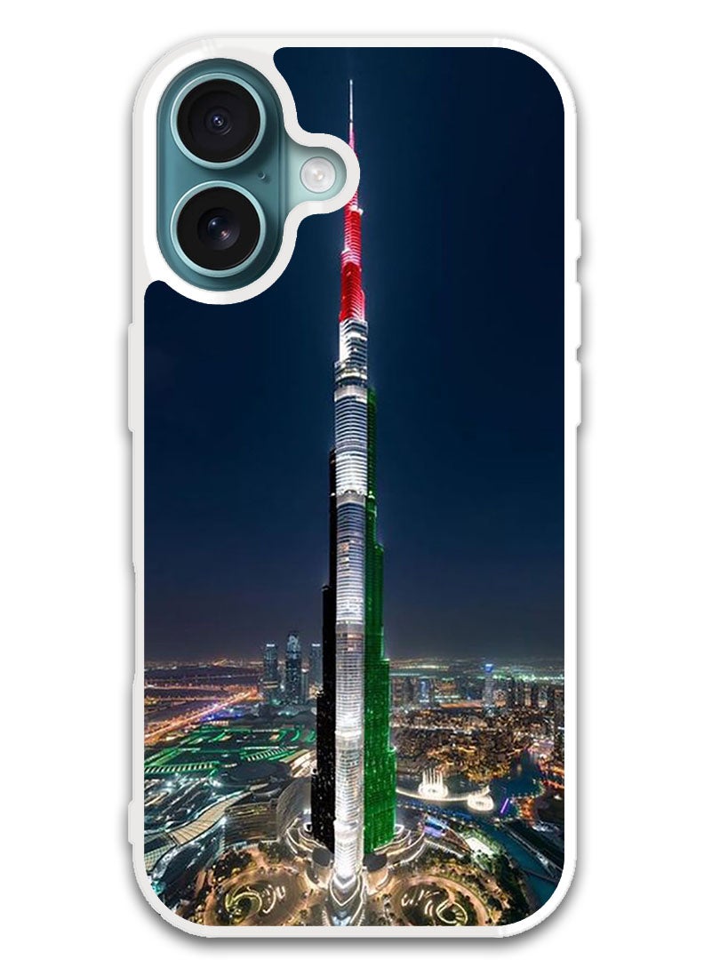 Theodor Protective Case Cover For APPLE IPHONE 16 Plus Burj Khalifa UAE Flag (White Bumper) - Image 1