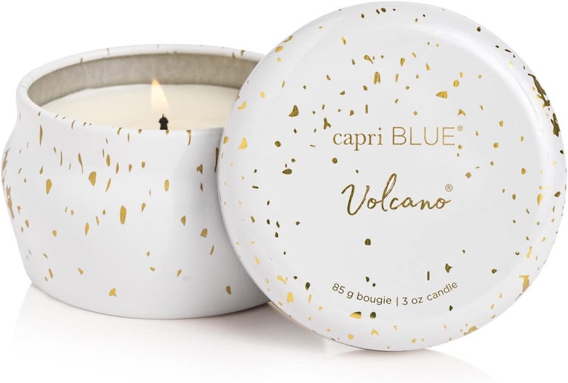 Capri Blue Glimmer Mini Tin - Volcano Scented Candle with Mini Tin Candle Holder - Soy Wax Blend - White and Gold (3 oz) - Image 1