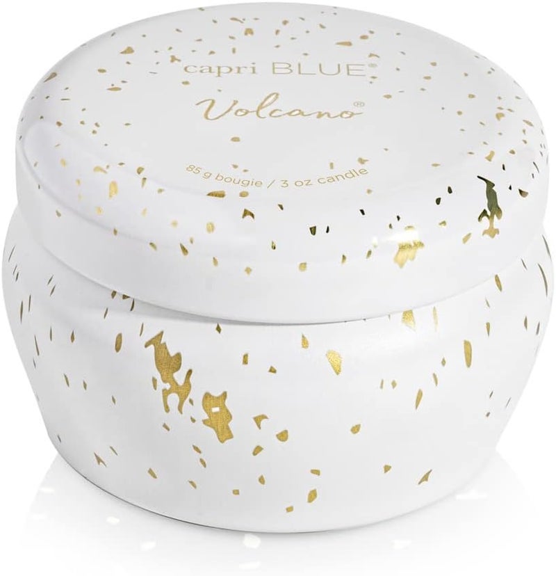 Capri Blue Glimmer Mini Tin - Volcano Scented Candle with Mini Tin Candle Holder - Soy Wax Blend - White and Gold (3 oz) - Image 2