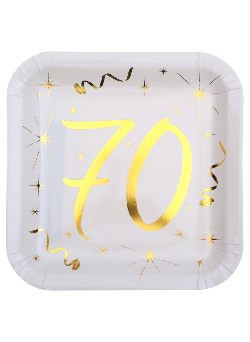 70th Birthday Anniversary Disposable Paper Plates White Gold 23cm 10-Pack