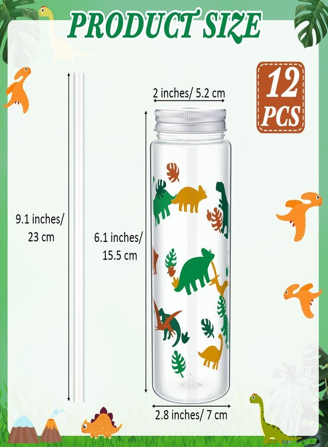 Skylety 12 Set 14 oz Dinosaur Themed Plastic Cup with Straw and Lid Cute Disposable Cups Bulk Dino Party Favors Drinking Mason Jars Tumbler for Birthday Supplies Juice Beverage Smoothie(Green Yellow) - Image 2