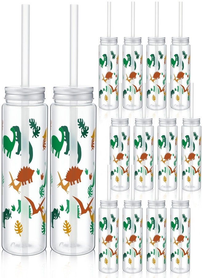 Skylety 12 Set 14 oz Dinosaur Themed Plastic Cup with Straw and Lid Cute Disposable Cups Bulk Dino Party Favors Drinking Mason Jars Tumbler for Birthday Supplies Juice Beverage Smoothie(Green Yellow) - Image 1