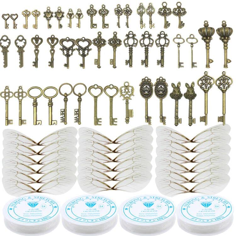 Waybas 46 PCS Antique Bronze Vintage Skeleton Keys Charms Potter Flying Keys Enchanted Key With 50 Pairs Dragonfly Wings and 105 Yards Fishing Line For Jewelry Making Necklace Crafts