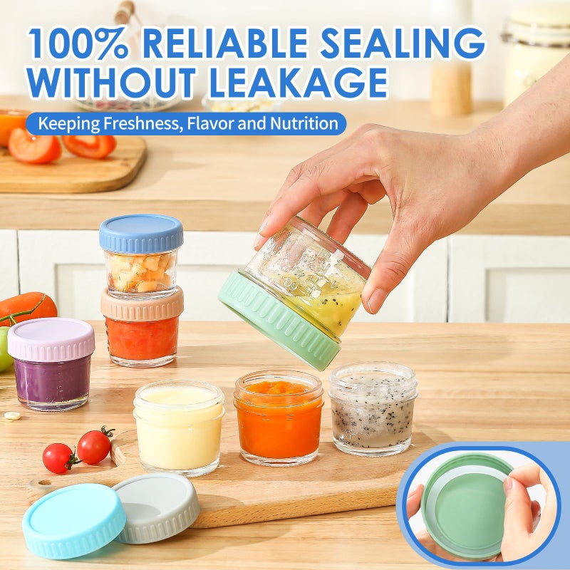 DRKIO 6 Pack Glass Baby Food Storage Containers - 4 Oz Baby Food Jars with Lids Baby Food Maker Microwave Dishwasher Freezer Safe 100% Leak Proof BPA Free Reusable - Image 4