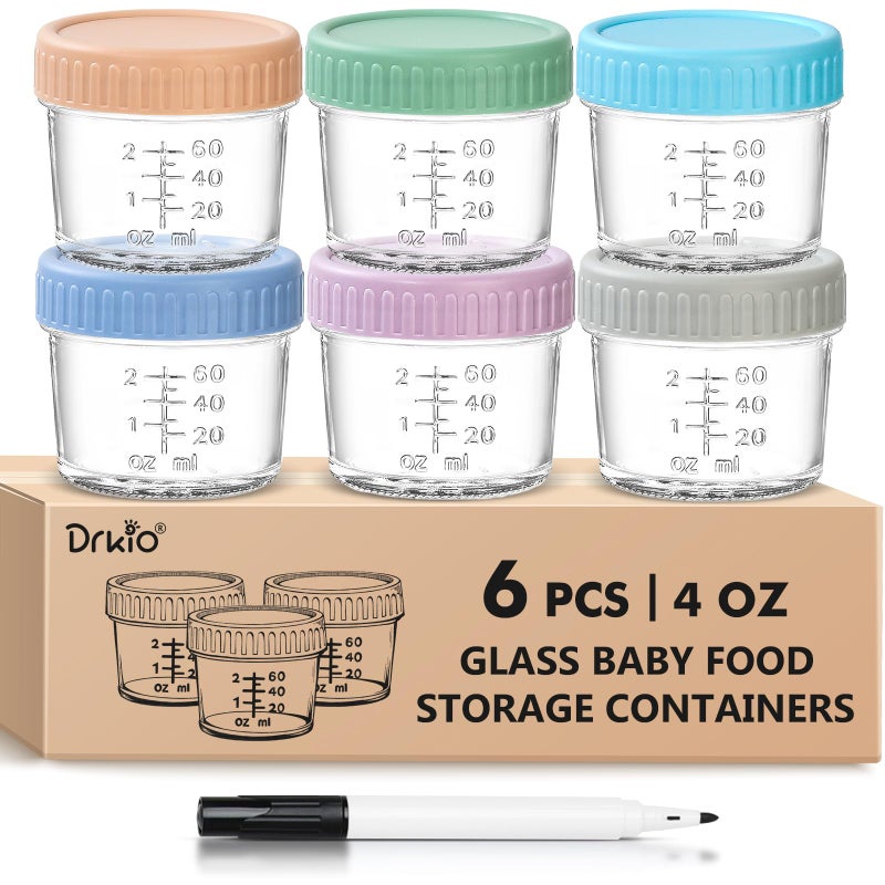 DRKIO 6 Pack Glass Baby Food Storage Containers - 4 Oz Baby Food Jars with Lids Baby Food Maker Microwave Dishwasher Freezer Safe 100% Leak Proof BPA Free Reusable - Image 1
