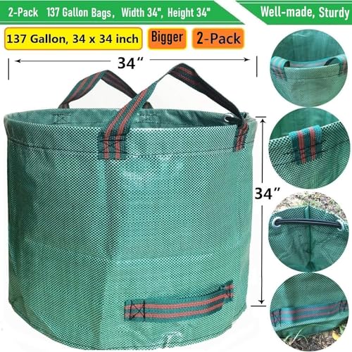 Tespher Professional 2-Pack 137 Gallon Lawn Garden Bags Large (D34,H34 inch) Yard Waste Bags w/Gardening Gloves for Big Leaf Bag,Yard Debris,Waste Container,Lawn Trash,Grass Clippings Bag,Weed Bags 4 Handles - Image 4