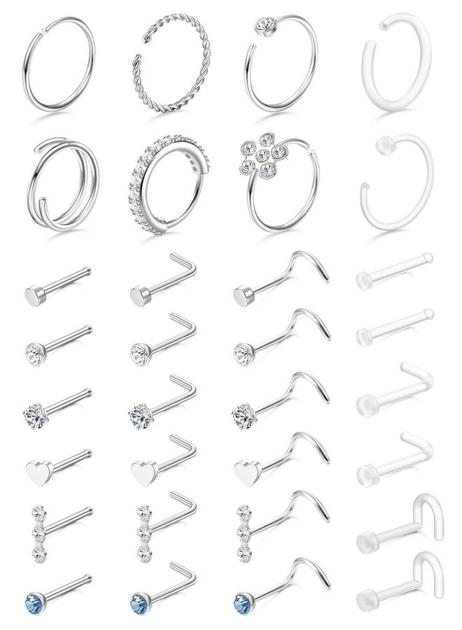 THUNARAZ 32 Pcs Nose Rings for Women Men - Hypoallergenic Surgical Stainless Steel Retainer Clear L Shape/Straight/Corkscrew Nose Rings Hoops Cartilage Helix Tragus Piercing Jewelry 18G/20G, 20G - Image 1