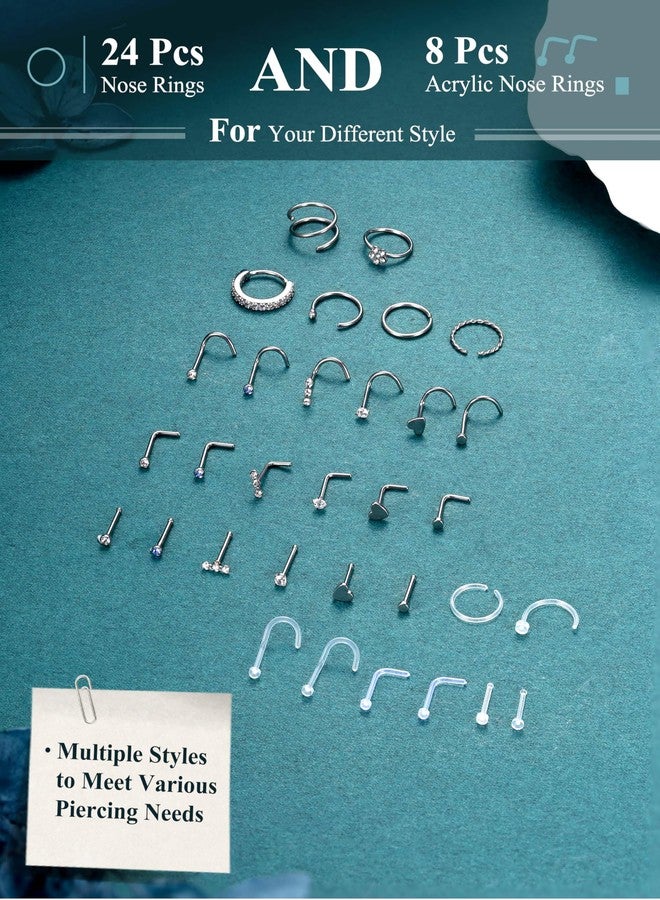 THUNARAZ 32 Pcs Nose Rings for Women Men - Hypoallergenic Surgical Stainless Steel Retainer Clear L Shape/Straight/Corkscrew Nose Rings Hoops Cartilage Helix Tragus Piercing Jewelry 18G/20G, 20G - Image 5
