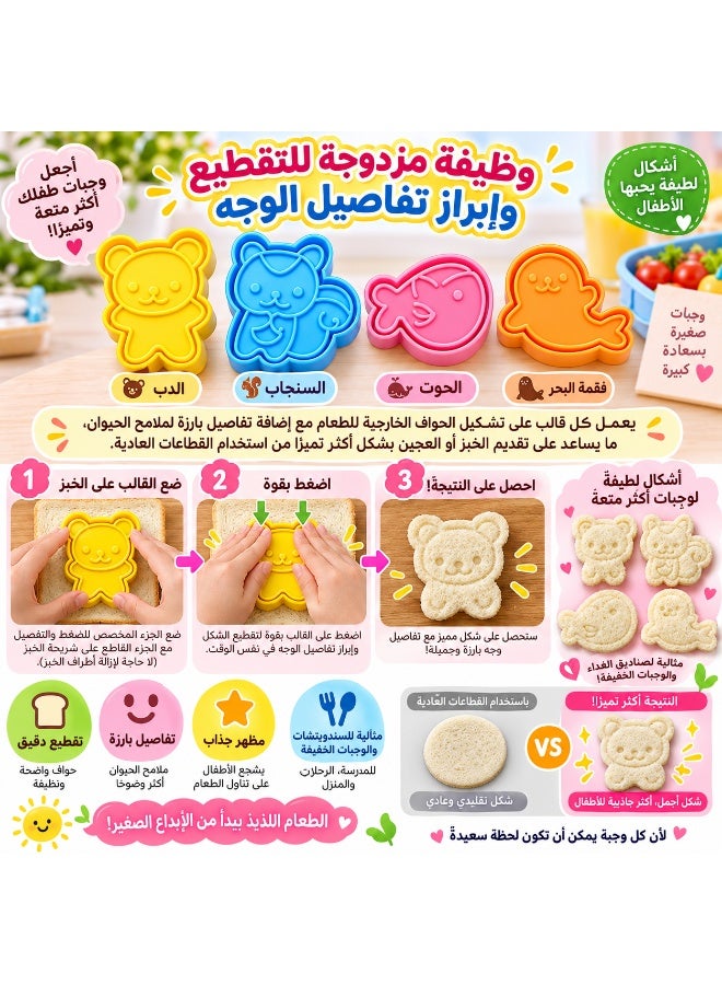طقم قطاعات وقوالب ضغط للحيوانات 4 قطع لتحضير الساندويتشات والبسكويت والخبز والبنتو، بتصميمات دب وسنجاب وحوت وفقمة، قوالب ملونة تساعد على تقطيع الطعام ونقش تفاصيل الوجه، مناسبة للكوكيز والمعجنات والأرز ووجبات الأطفال وصناديق الغداء - Image 2