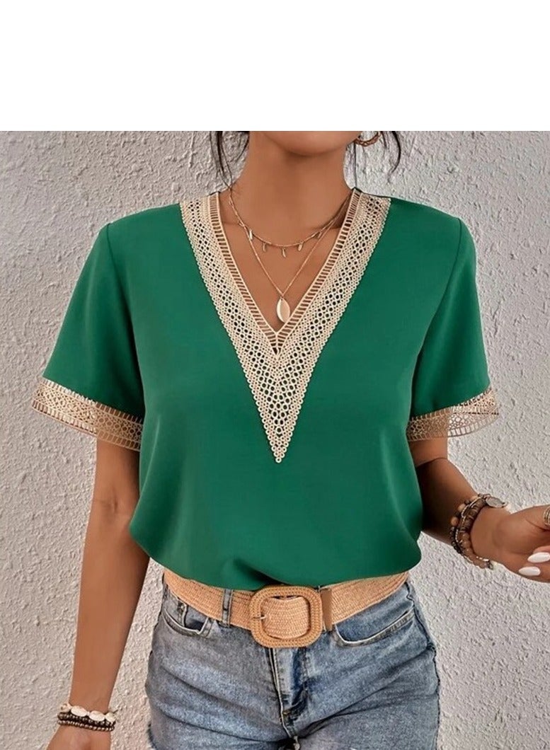 Shougu Short Sleeved V-neck Casual Ssolid Color Shirt For Women  - Image 1