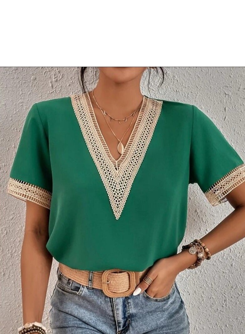 Shougu Short Sleeved V-neck Casual Ssolid Color Shirt For Women  - Image 2