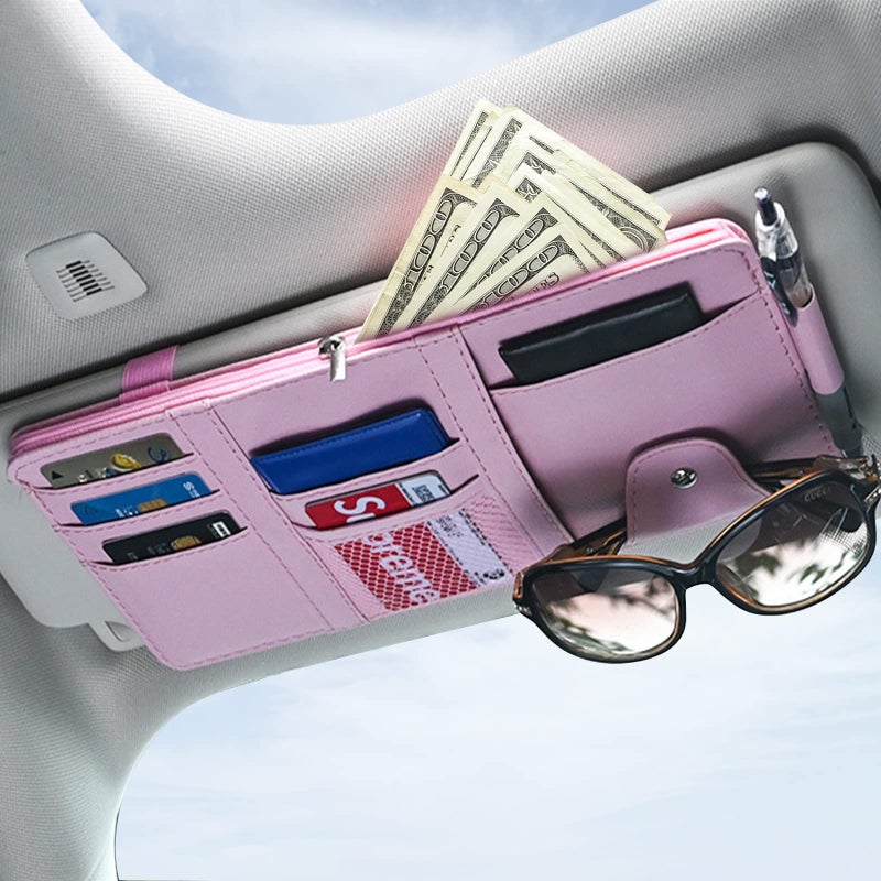 SADYFON Pink Car Sun Visor Organizer Sunglasses Holders for Car Sun Visor PU Auto Interior Accessories Storage Travel Document Holder with Multi Pocket - Image 3