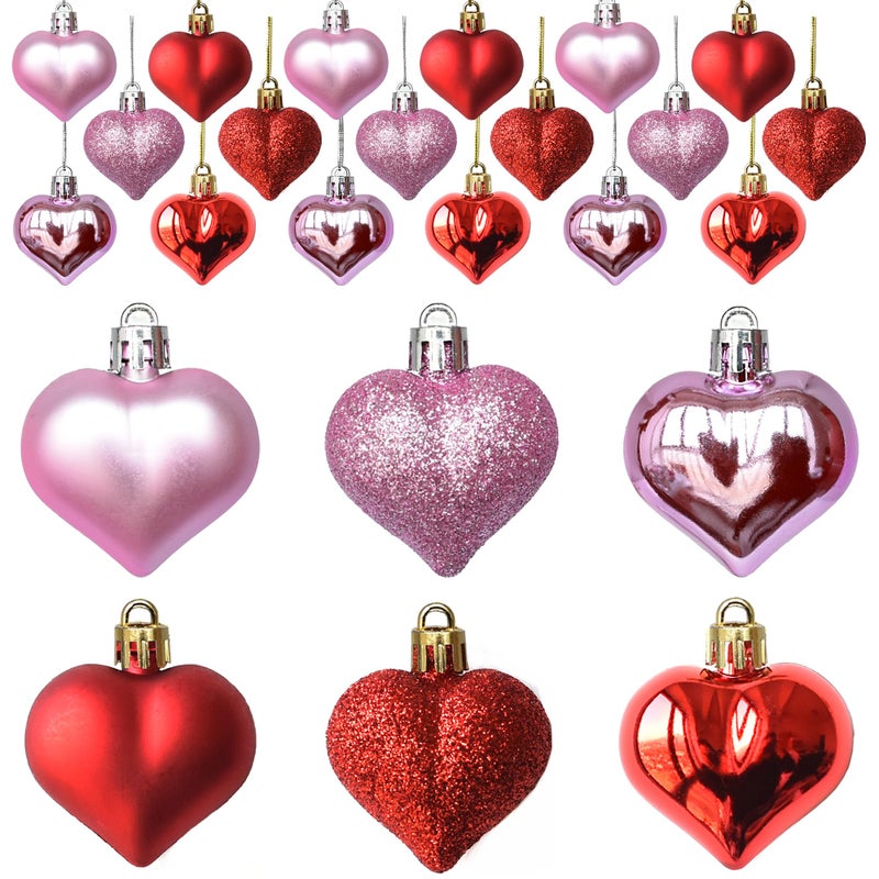 Tindobewan 24Pcs Heart Ornaments Multi Finish Heart Baubles Hanging Ornaments for Valentineâ€™s Day Decor Mother's Day Christmas Tree Wedding Anniversary Party Decoration(Pink and Red) - Image 1