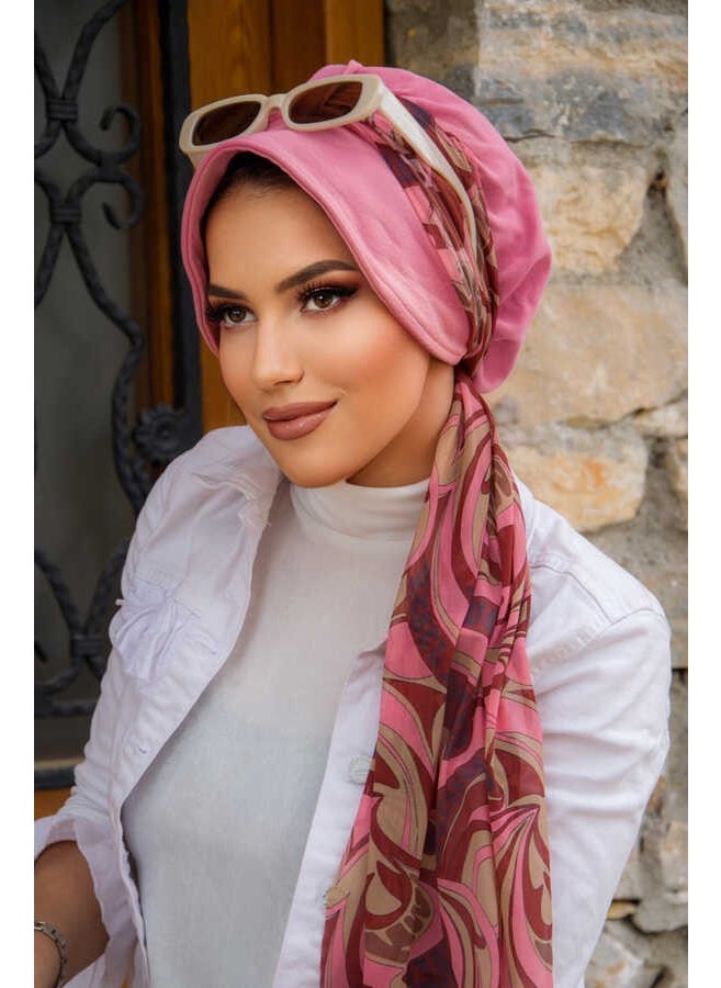 Aişe Tesettür Aişe Hijab Rose Maroon Pattern Scarf Hat Bonnet  - Image 1