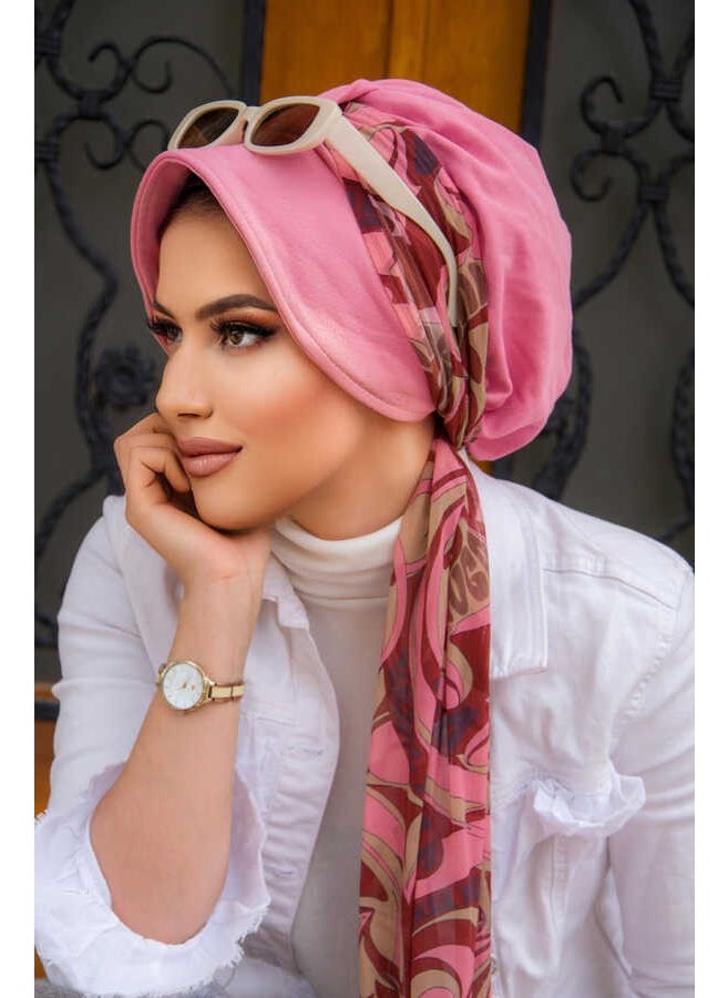 Aişe Tesettür Aişe Hijab Rose Maroon Pattern Scarf Hat Bonnet  - Image 2