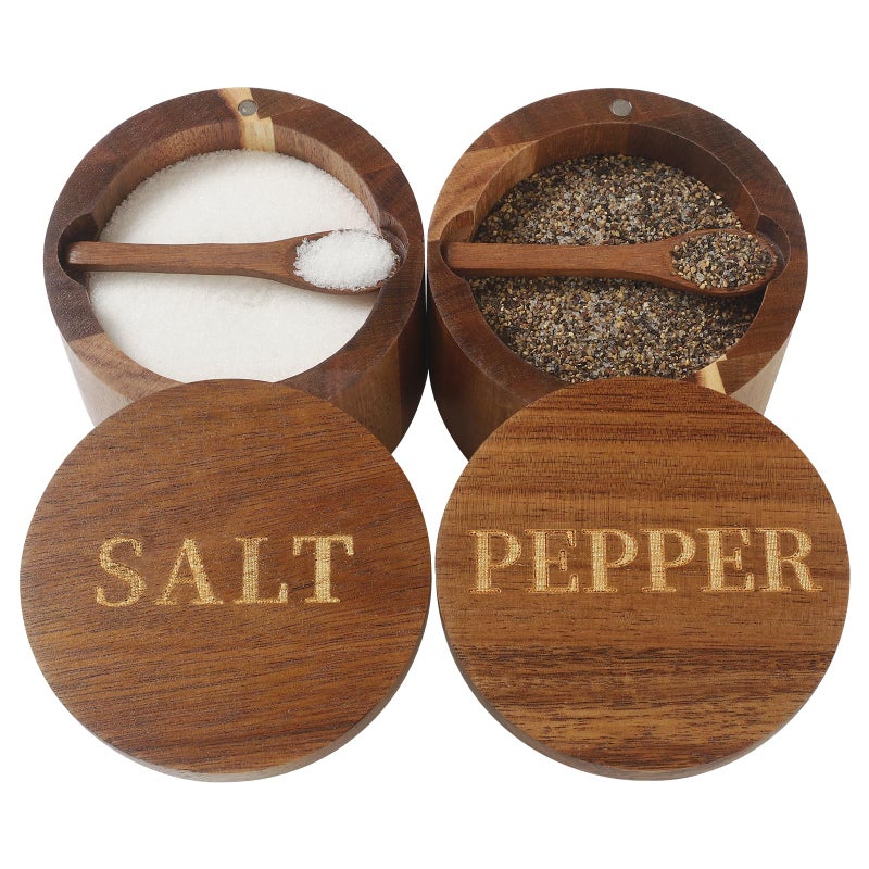 Timtopno Salt Cellar, Elegant Salt and Pepper Set, 2PCS Acacia Wood Salt Container with Built-in Spoon & Swivel Lid, Engraved SALT & PEPPER Box, Salt Holder for Countertop Seasoning Storage - Image 1