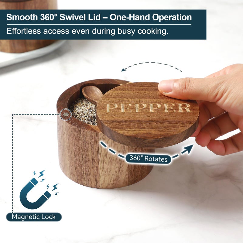 Timtopno Salt Cellar, Elegant Salt and Pepper Set, 2PCS Acacia Wood Salt Container with Built-in Spoon & Swivel Lid, Engraved SALT & PEPPER Box, Salt Holder for Countertop Seasoning Storage - Image 4