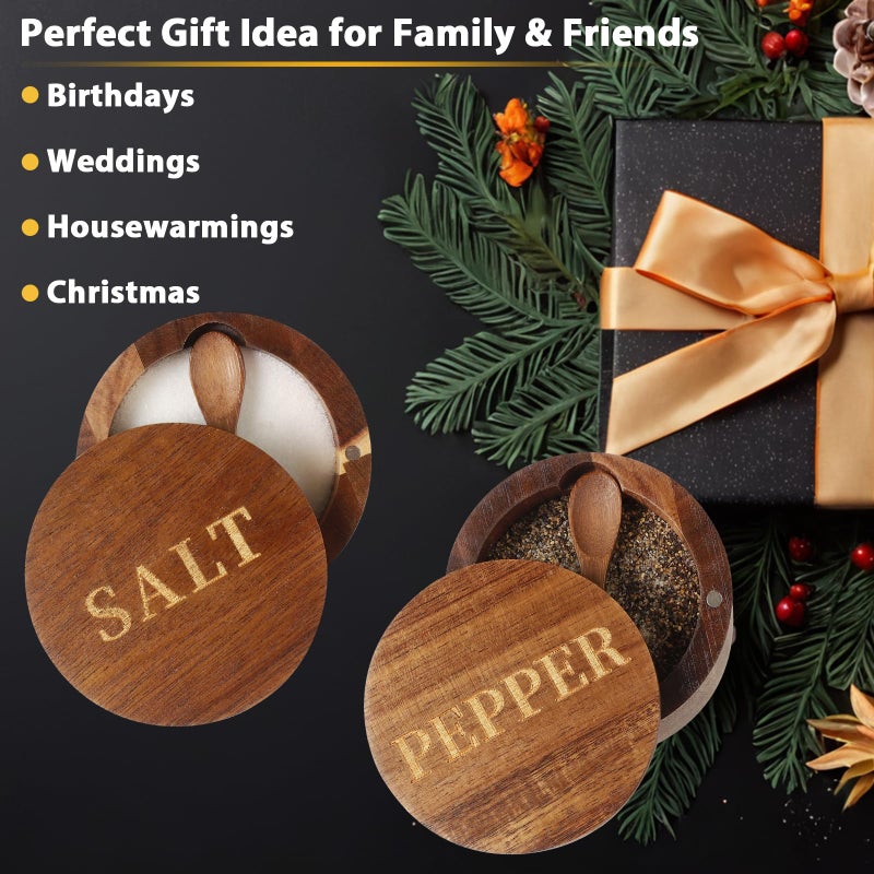Timtopno Salt Cellar, Elegant Salt and Pepper Set, 2PCS Acacia Wood Salt Container with Built-in Spoon & Swivel Lid, Engraved SALT & PEPPER Box, Salt Holder for Countertop Seasoning Storage - Image 5