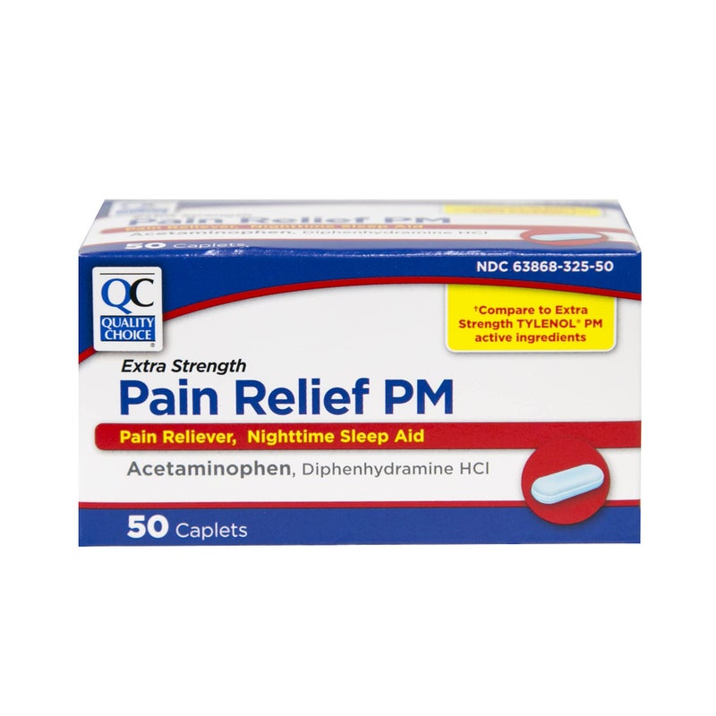 Quality Choice Extra Strength Pain Relief PM, Pain Reliever and Nighttime Sleep Aid, Acetaminophen 500 mg & Diphenhydramine HCI 25 mg (Sleep Aid), 50 Count Package of Caplets - Image 1