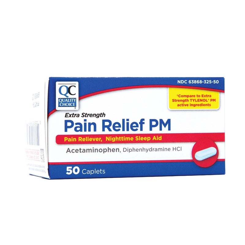 Quality Choice Extra Strength Pain Relief PM, Pain Reliever and Nighttime Sleep Aid, Acetaminophen 500 mg & Diphenhydramine HCI 25 mg (Sleep Aid), 50 Count Package of Caplets - Image 2