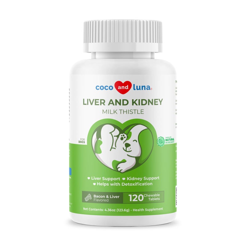 Coco and Luna Milk Thistle for Dogs - 120 Chewable Tablets - Silymarin - Liver and Kidney Support with EPA & DHA - Detox - Liver Supplement for Dogs with Choline and L-Arginine - Image 1