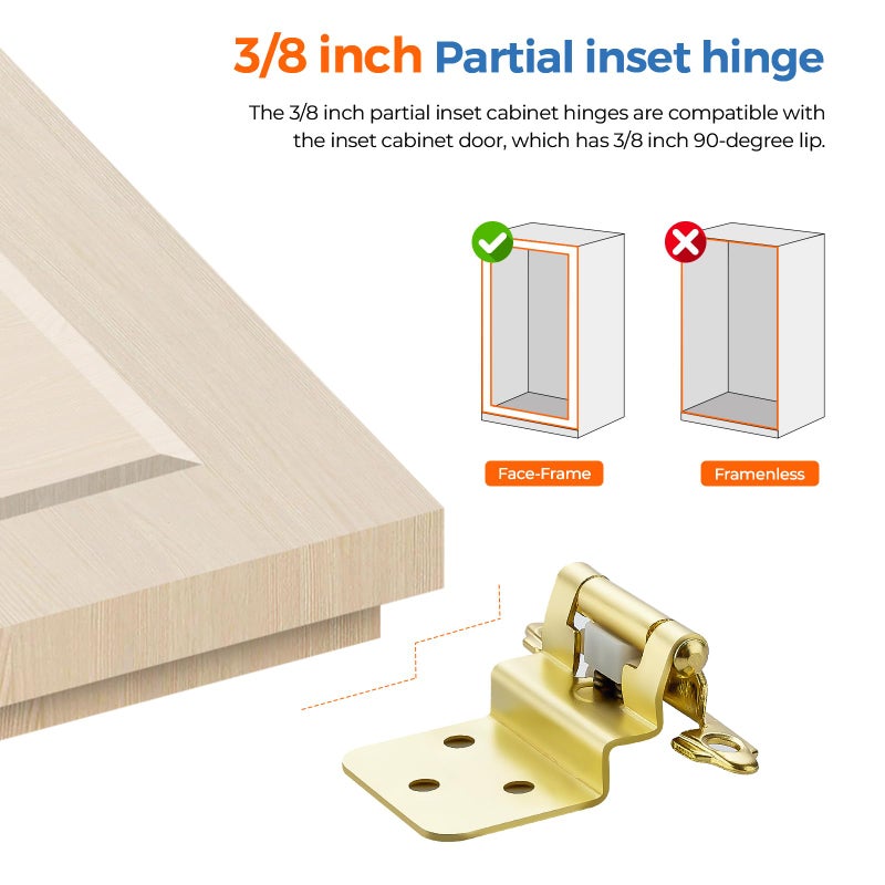 JOY DECOR JOYDECOR 2 Pack 1 Pairs 3/8 Inch Overlay Gold Cabinet Hinges Semi-Concealed Face Mount Hinges for Cupboards Self-Closing Decorative Door Hardware - Image 4