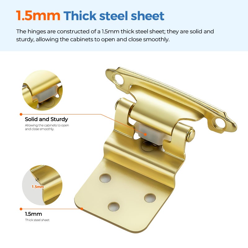JOY DECOR JOYDECOR 2 Pack 1 Pairs 3/8 Inch Overlay Gold Cabinet Hinges Semi-Concealed Face Mount Hinges for Cupboards Self-Closing Decorative Door Hardware - Image 5