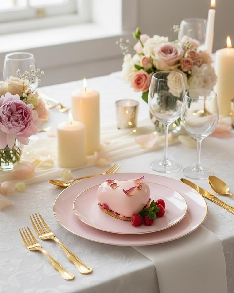 PULOTE 100PCS Pink Plastic Plates - Heavy Duty Pink and Gold Disposable for Party, Wedding, Easter, Include 50 Each (Dinner & Dessert) Plates - Image 3