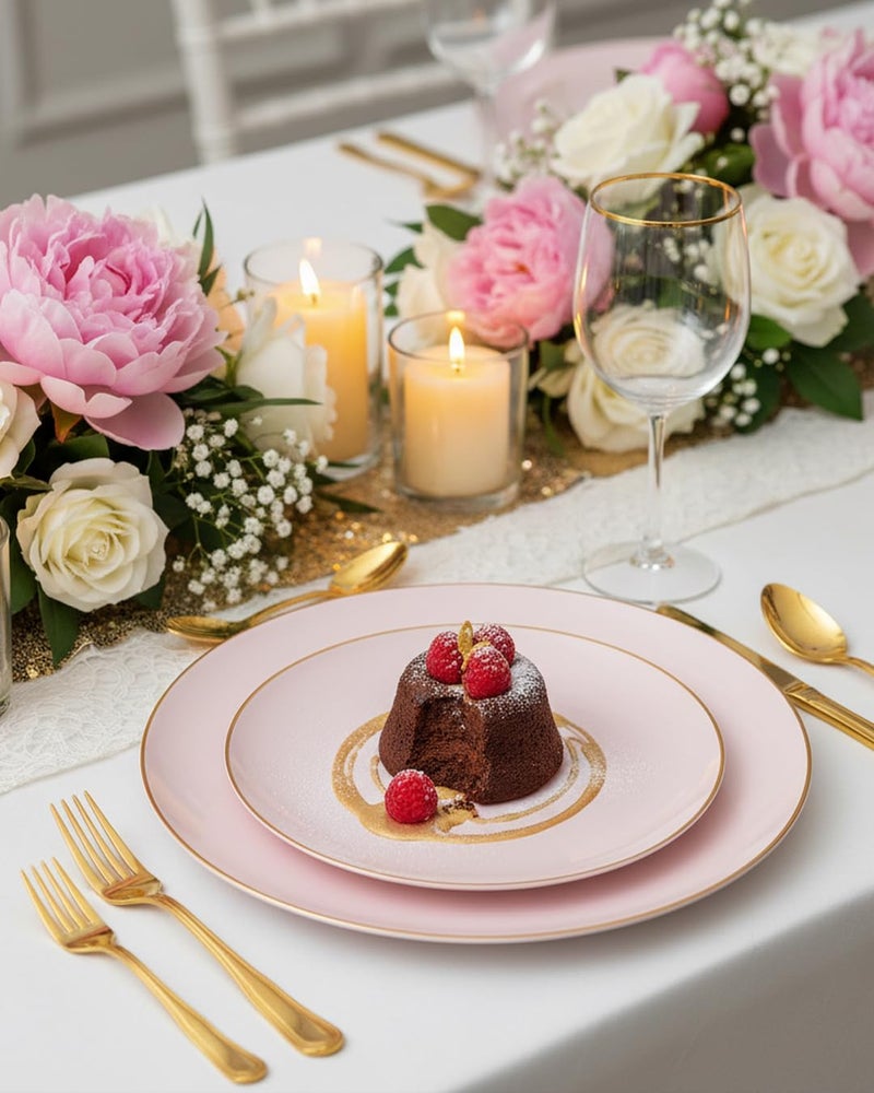 PULOTE 100PCS Pink Plastic Plates - Heavy Duty Pink and Gold Disposable for Party, Wedding, Easter, Include 50 Each (Dinner & Dessert) Plates - Image 4