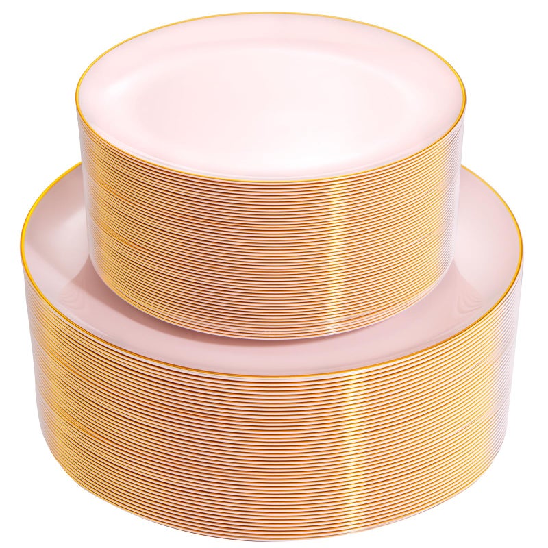 PULOTE 100PCS Pink Plastic Plates - Heavy Duty Pink and Gold Disposable for Party, Wedding, Easter, Include 50 Each (Dinner & Dessert) Plates - Image 1