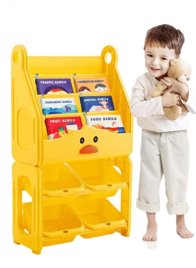 Beauenty Kids 6-tier Plastic Cartoon Bookcase with 6 Cloth Book and 4 Toys Storage Boxes, Simple Adorable Storage Shelf, Multifunctional Floor Standing Bookrack with Space-saving Design and Stable Structure, Children's Bedroom Furniture and Display - Image 1