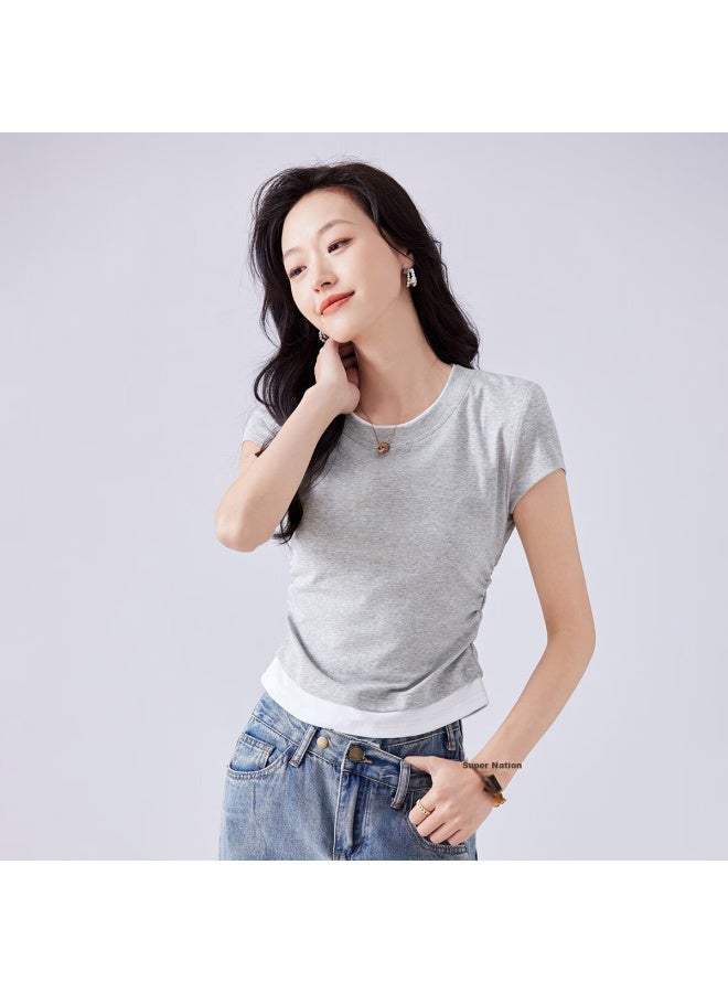 Don't speak Stylish Short Sleeve T-shirt For Women Summer Slim Fit Short Fake Two-piece Small Round Neck Top Dark Grey M - Image 3