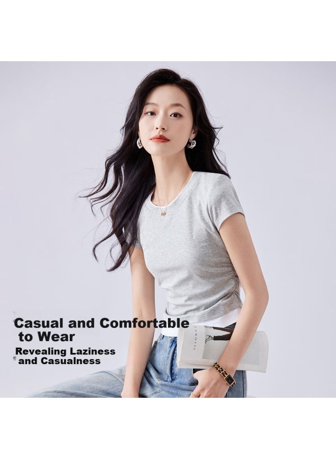 Don't speak Stylish Short Sleeve T-shirt For Women Summer Slim Fit Short Fake Two-piece Small Round Neck Top Dark Grey M - Image 4
