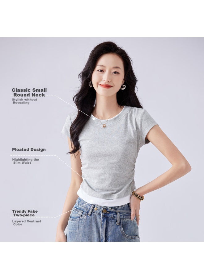 Don't speak Stylish Short Sleeve T-shirt For Women Summer Slim Fit Short Fake Two-piece Small Round Neck Top Dark Grey M - Image 2