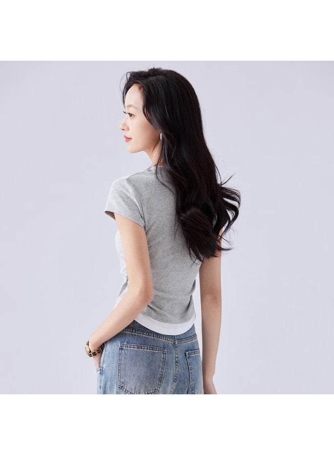 Don't speak Stylish Short Sleeve T-shirt For Women Summer Slim Fit Short Fake Two-piece Small Round Neck Top Dark Grey M - Image 5