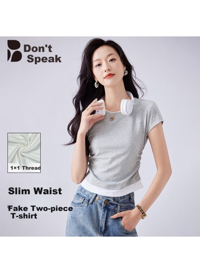 Don't speak Stylish Short Sleeve T-shirt For Women Summer Slim Fit Short Fake Two-piece Small Round Neck Top Dark Grey M - Image 1