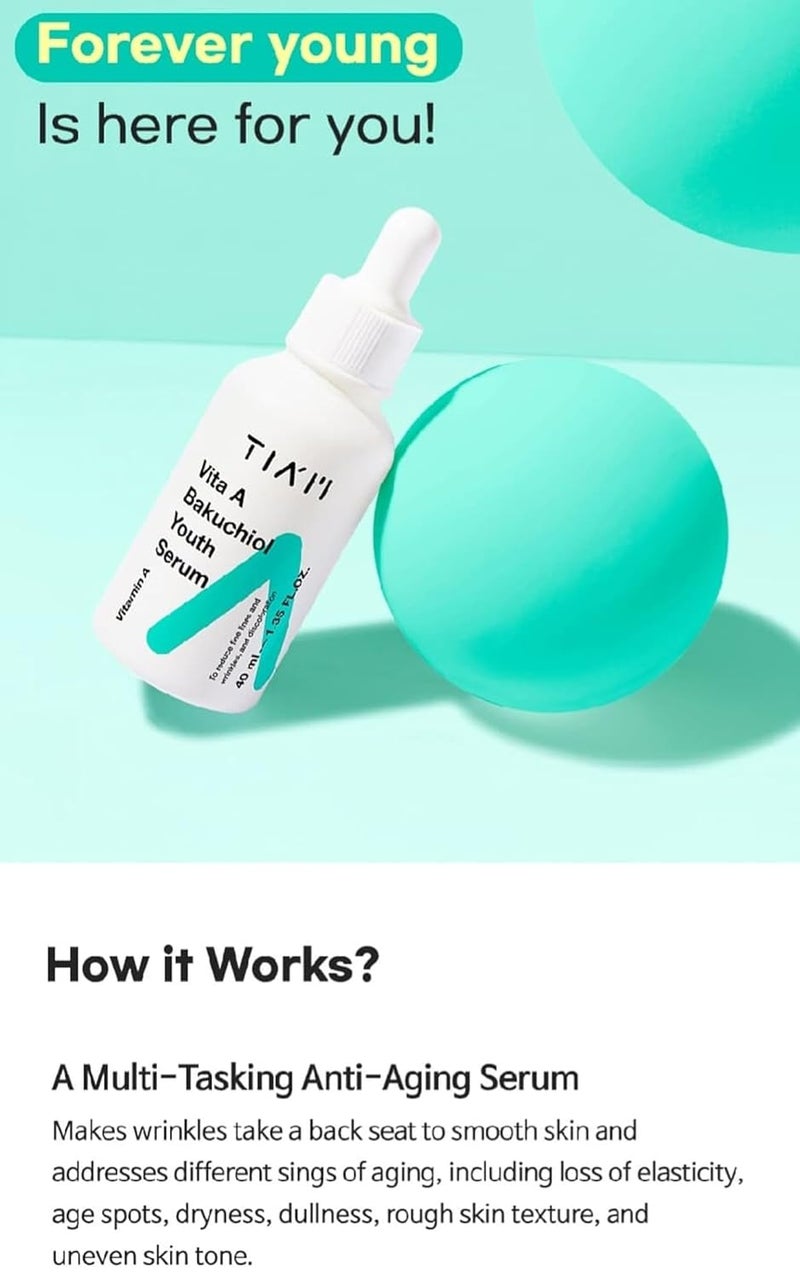 TIA'M TIAM Vita A Bakuchiol Youth Serum AntiAging Facial Serum for Wrinkles Dark Spots Suitable for Sensitive Skin 40ml - Image 3