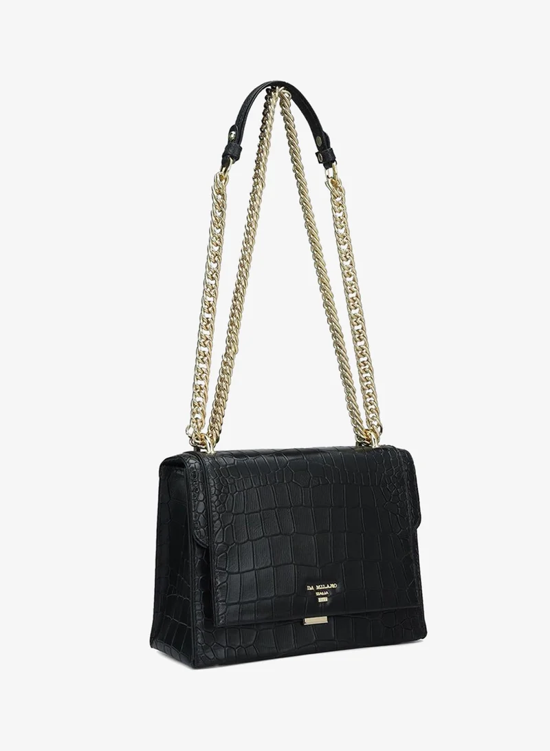 Da Milano Da Milano Women's Croco-Embossed Leather Crossbody Handbag with Zip Closure - Black (LB-00047OL)