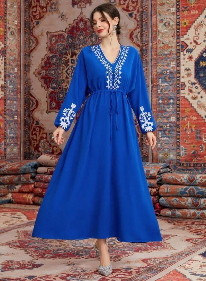 Take Two Acid Blue Embroidered Tie -Up Detail A-Line Maxi Dress