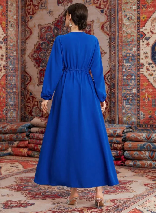 Take Two Acid Blue Embroidered Tie -Up Detail A-Line Maxi Dress