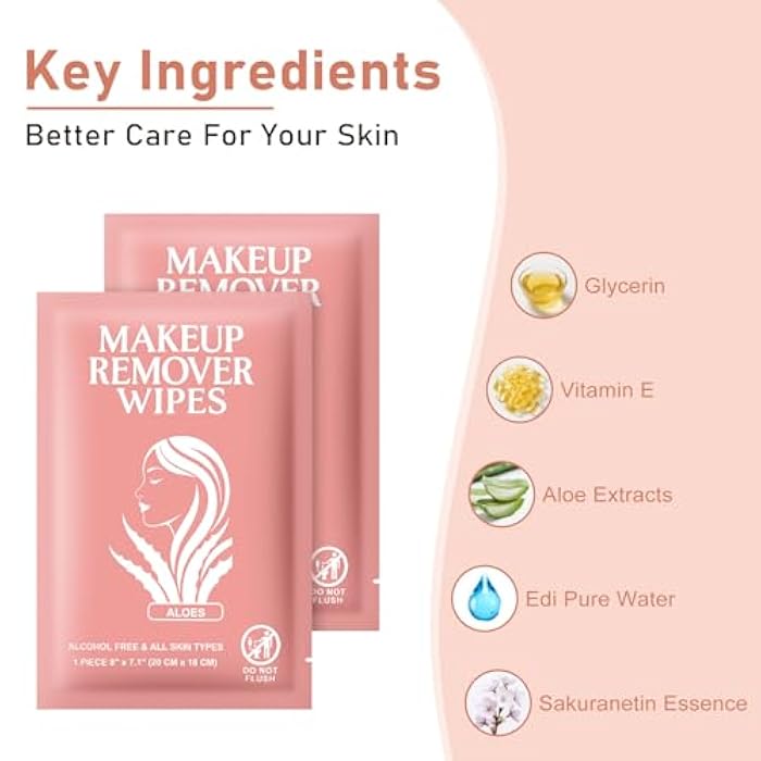 Zhjianup Makeup Remover Wipes Individually Wrapped Facial Cleansing Towelettes Bulk, Disposable Cleanser Makeup Removal Cloths Pad for Oil Dirt Skin Care Removing Mascara Lipstick Travel Hotel Aloes (100 Pack) - Image 3
