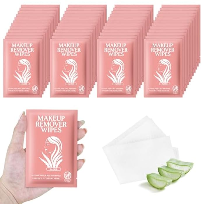 Zhjianup Makeup Remover Wipes Individually Wrapped Facial Cleansing Towelettes Bulk, Disposable Cleanser Makeup Removal Cloths Pad for Oil Dirt Skin Care Removing Mascara Lipstick Travel Hotel Aloes (100 Pack) - Image 1