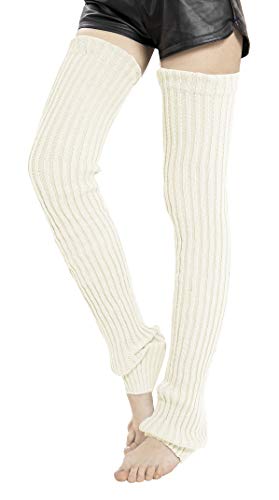Leotruny Women's Winter Thick Knit Extra Long Thigh High Leg Warmers (C04-White) - Image 1