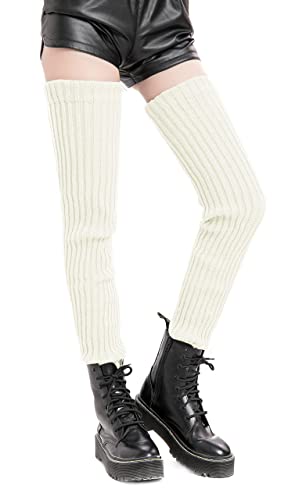 Leotruny Women's Winter Thick Knit Extra Long Thigh High Leg Warmers (C04-White) - Image 2