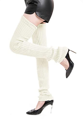 Leotruny Women's Winter Thick Knit Extra Long Thigh High Leg Warmers (C04-White) - Image 3